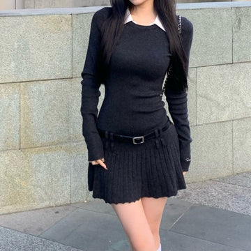 Style Fake Two Shirt Skirt Women Autumn And Winter Hot Girls Splicing Shirt Collar Dress Slim Thin 100-Fold Skirt